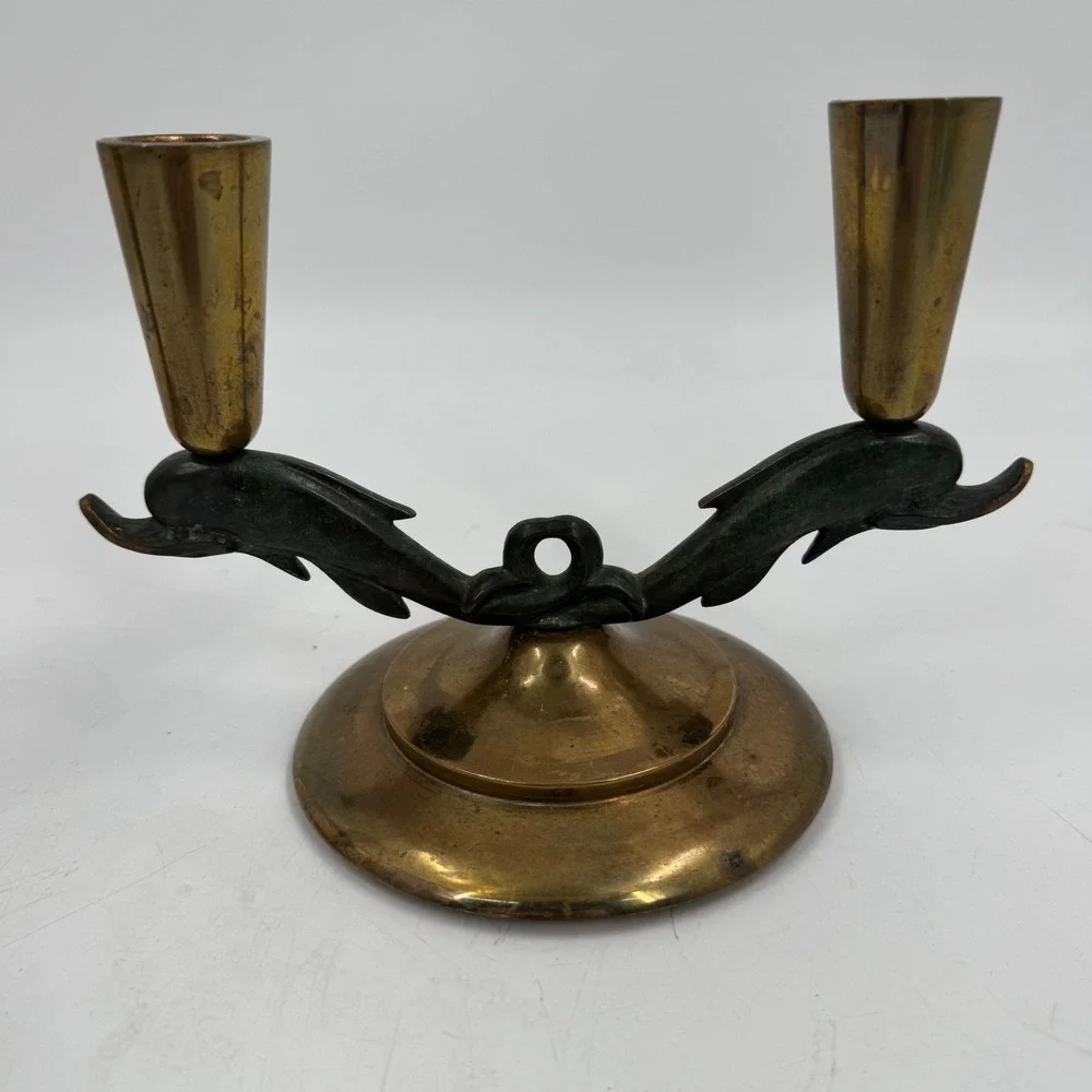 Vintage Bronze Dolphin Candlestick‎ Holders Pair Made in Denmark